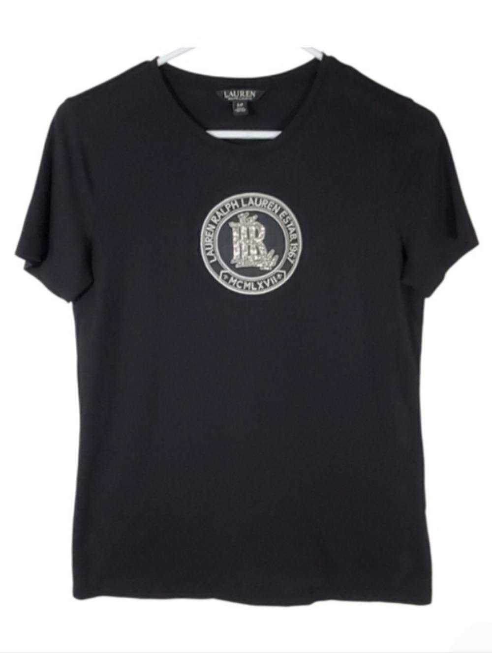 2376 * Lauren Ralph Lauren Beaded Emblem Crest Logo Tee Black Size S